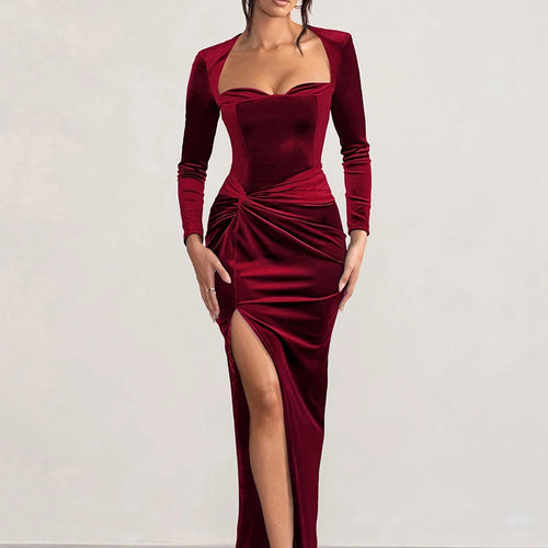 Load image into Gallery viewer, Square Collar Long Sleeve Sexy Maxi Dress For Women Velvet Fashion Ruched Split Bodycon Club Party Elegant Long Dress
