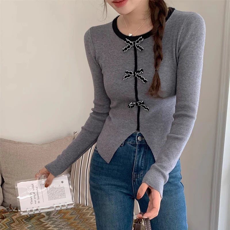 y2k Crop Top Women Fairycore Clothing Round Neck Long Sleeve T Shirt with Bow Decor 2000s Aesthetic Clothes Streetwear