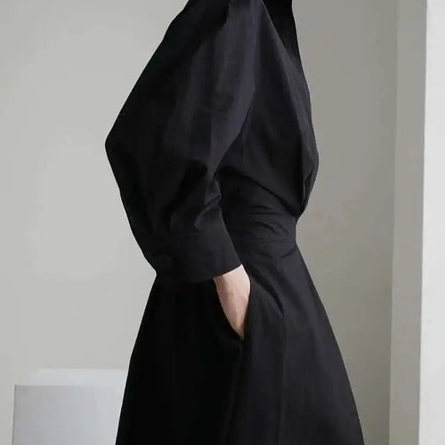 Load image into Gallery viewer, Women Beige Pleated Long Big Size Elegant Dress New Lapel Long Sleeve Loose Fit Fashion Tide Spring Autumn 2025 1DE91400
