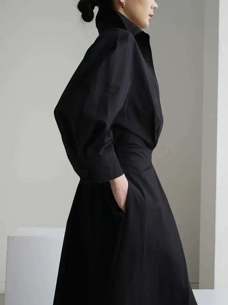 Women Beige Pleated Long Big Size Elegant Dress New Lapel Long Sleeve Loose Fit Fashion Tide Spring Autumn 2025 1DE91400