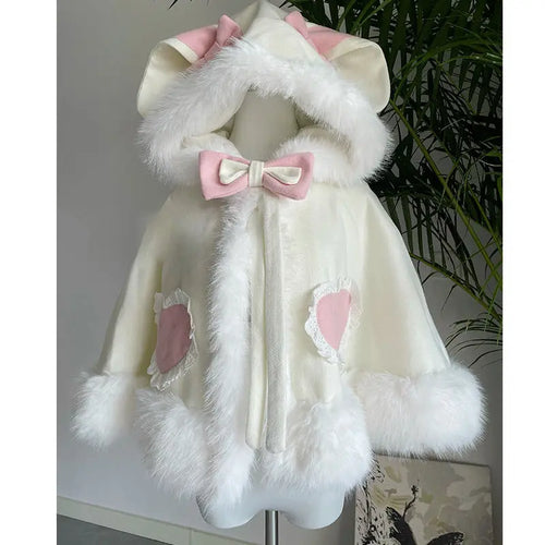Load image into Gallery viewer, Japanese Lolita Sweet Rabbit&#39;s Ears Hooded Cloak Jackets Women Y2k Aesthetic Lace Patchwork Love Coat Harajuku Kawaii Bow Jacket
