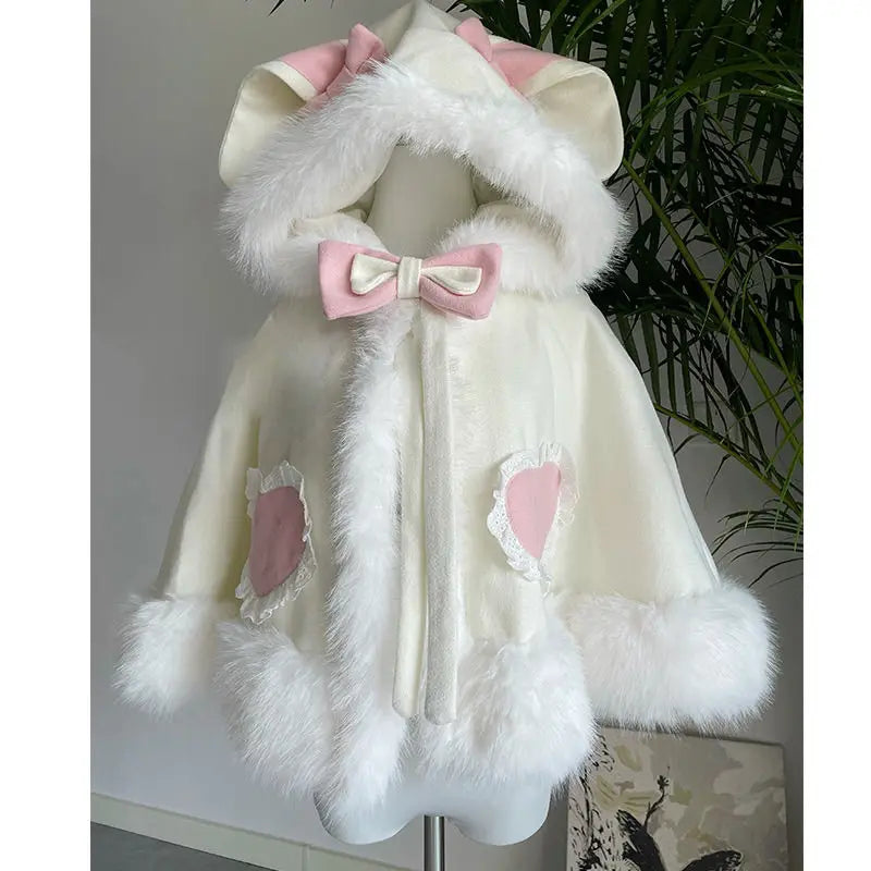 Japanese Lolita Sweet Rabbit's Ears Hooded Cloak Jackets Women Y2k Aesthetic Lace Patchwork Love Coat Harajuku Kawaii Bow Jacket