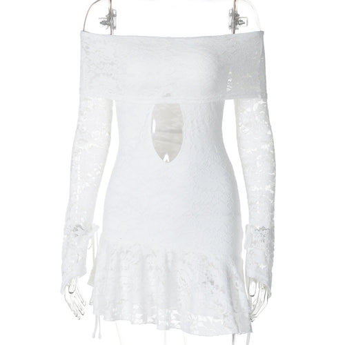 Load image into Gallery viewer, Floral Print Slash Neck Long Sleeve Lace Up Hollow Out Sexy Slim Pleated Mini Dress Women Elegant Outfit Party Festival
