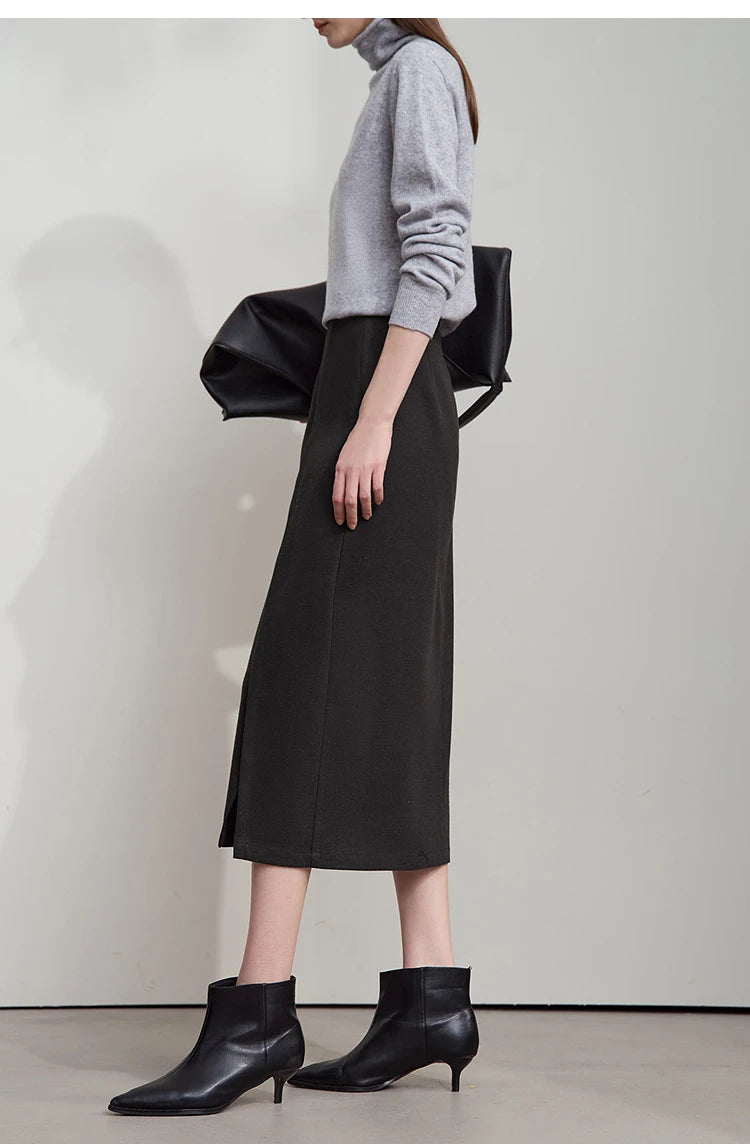 Minimalist Women Brown Skirts 2025 Autumn Retro Brushed Twill Side Slit Office Lady Midi Skirts Woman Clothing 12543057