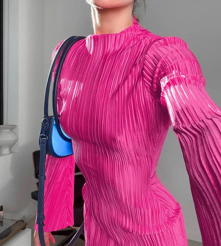 Autumn New Long Sleeve Pleated Dress For Women Small Sexy Flare Sleeve Wrap Hip Dress Elegant Party Club Clothing