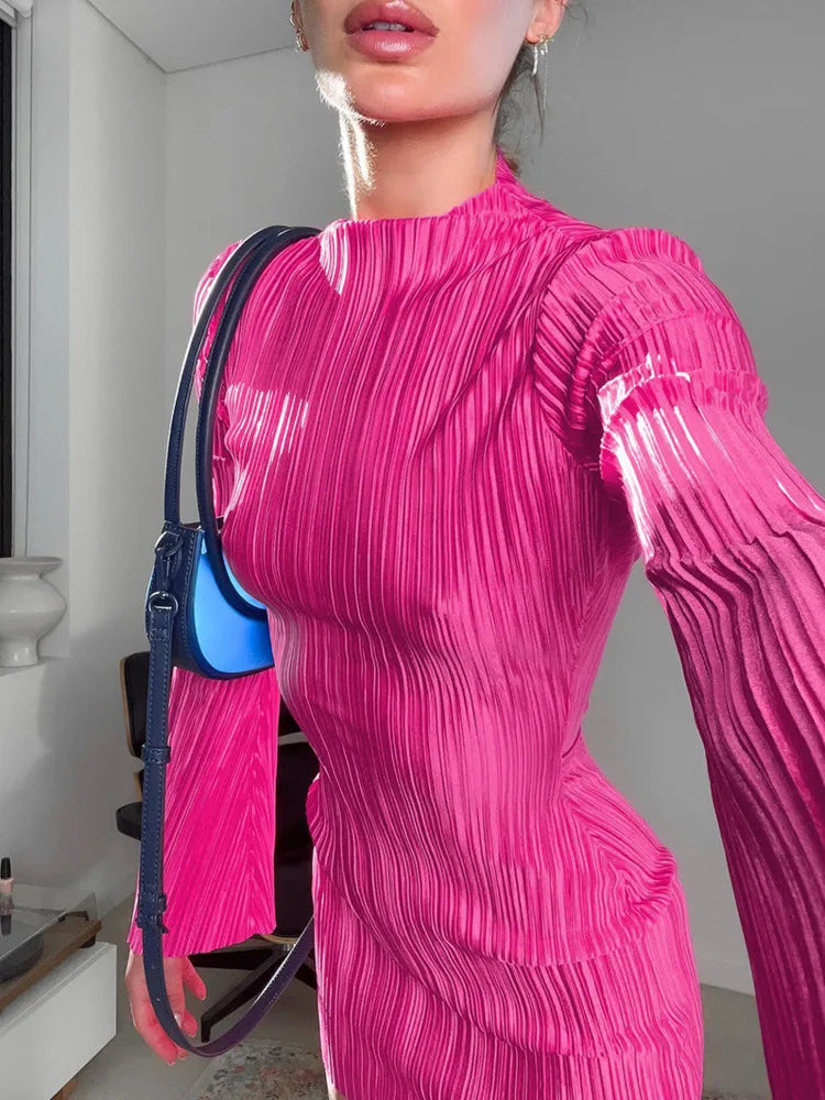 Autumn New Long Sleeve Pleated Dress For Women Small Sexy Flare Sleeve Wrap Hip Dress Elegant Party Club Clothing