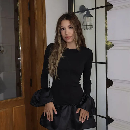 Load image into Gallery viewer, Long Flare Sleeve Knitted Sexy Mini Dress For Women Autumn Winter New Patchwork O Neck A-line Knit Puffy Dress Elegant
