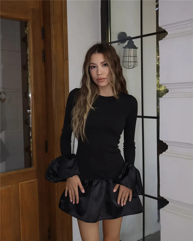 Long Flare Sleeve Knitted Sexy Mini Dress For Women Autumn Winter New Patchwork O Neck A-line Knit Puffy Dress Elegant