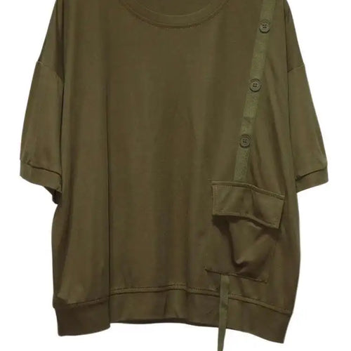 Load image into Gallery viewer, Women Black Irregular Button Pocket Big Size Casual T-shirt New Round Neck Short Sleeve Fashion Spring Summer 2025 1DJ0223
