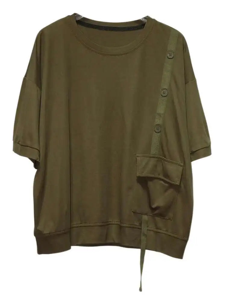 Women Black Irregular Button Pocket Big Size Casual T-shirt New Round Neck Short Sleeve Fashion Spring Summer 2025 1DJ0223