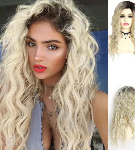 Blonde Curly Wig Synthetic Hair Natural Long Wave Wigs for White Women Free Part Dark Roots Ombre Wigs Trendy Wavy Wig+Stickers