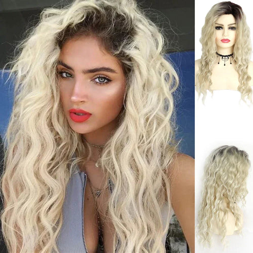 Load image into Gallery viewer, Blonde Curly Wig Synthetic Hair Natural Long Wave Wigs for White Women Free Part Dark Roots Ombre Wigs Trendy Wavy Wig+Stickers
