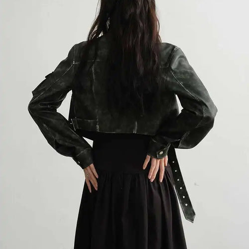 Load image into Gallery viewer, PU Leather Green Pocket Vintage Short Jacket New Stand Collar Long Sleeve Women Coat Fashion Spring Autumn 2025 1DH7220
