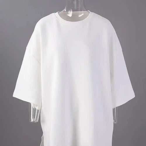 Load image into Gallery viewer, Women Beige Gray Side Slit Big Size Casual T-shirt New Round Neck Half Sleeve Fashion Tide Spring Autumn 2025 1DH6479
