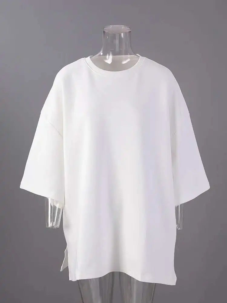 Women Beige Gray Side Slit Big Size Casual T-shirt New Round Neck Half Sleeve Fashion Tide Spring Autumn 2025 1DH6479