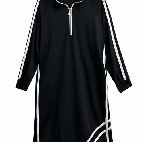 Load image into Gallery viewer, Women Black Striped Spliced Zipper Big Size Midi Dress New Turtleneck Long Sleeve Fashion Tide Spring Autumn 2025 1DH6819
