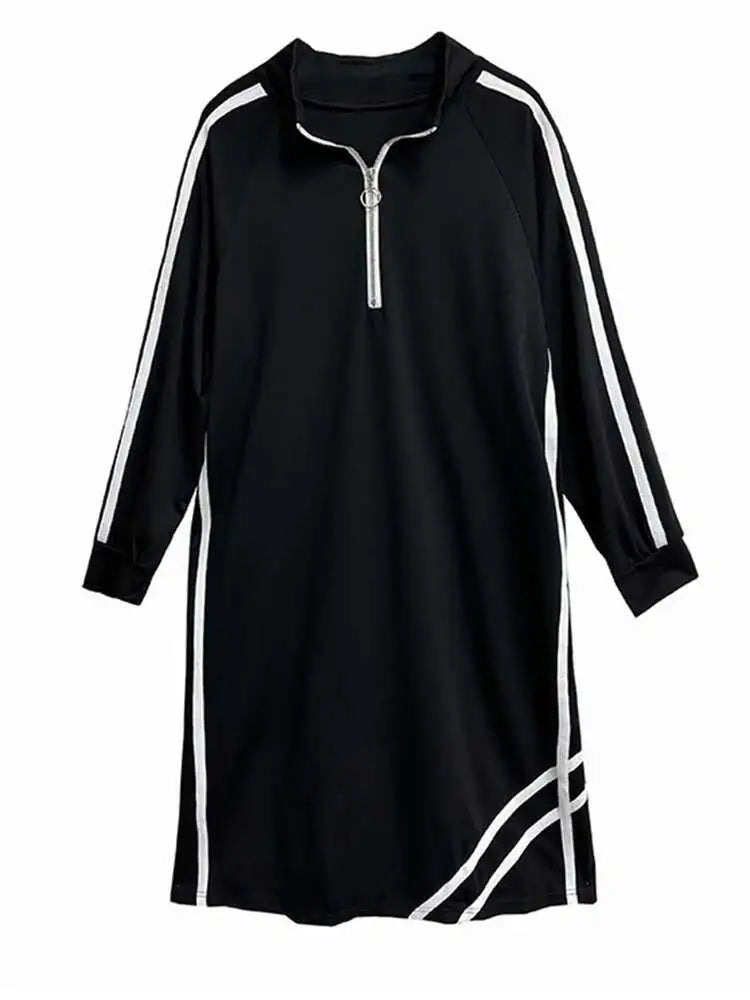 Women Black Striped Spliced Zipper Big Size Midi Dress New Turtleneck Long Sleeve Fashion Tide Spring Autumn 2025 1DH6819