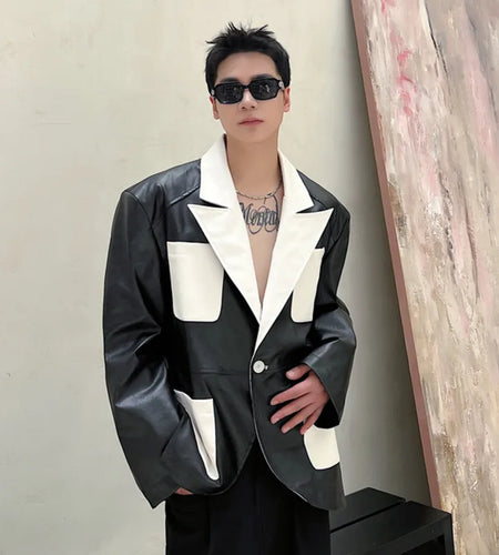 Patchwork Men's Jacket New Spring Design PU Leather Stylish Jacket Contrast Color Multi Pockets Male Clothing 9W1519