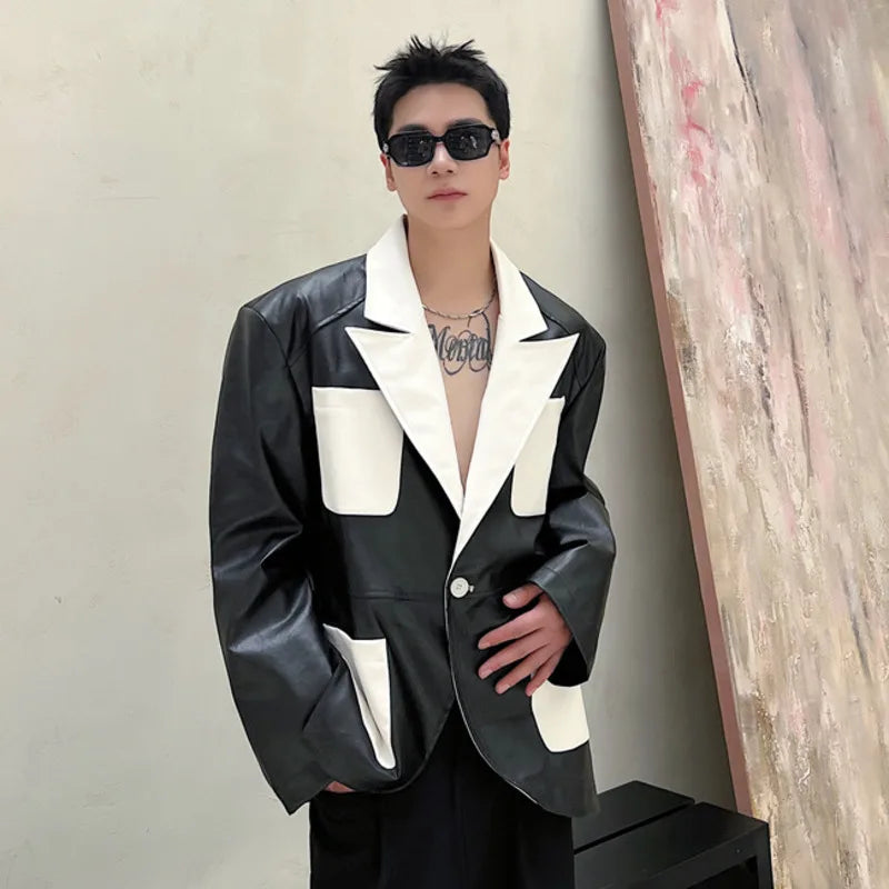 Patchwork Men's Jacket New Spring Design PU Leather Stylish Jacket Contrast Color Multi Pockets Male Clothing 9W1519