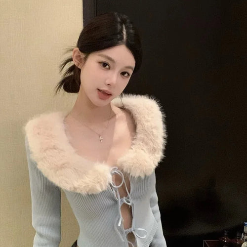 Load image into Gallery viewer, French Fashion Women Blue Long Sleeve Knitted Sweater 2024 New Autumn Winter Ladies Red Hairy Neck Lace-up Cardigan Tops Popular
