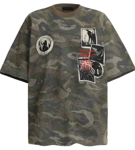 Vintage Men T-Shirt Y2K Grunge Embroidered Patch Camo Camouflage Streetwear Tshirt Hip Hop Punk Gothic Baggy Urban Tshirt Top
