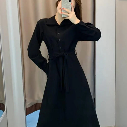 Load image into Gallery viewer, Polo Black Shirt Dress Women Vintage Casual Long Sleeve Party Dresses Elegant Kpop Fashion Harajuku Robe Female
