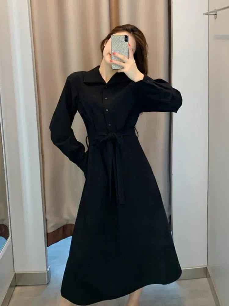 Polo Black Shirt Dress Women Vintage Casual Long Sleeve Party Dresses Elegant Kpop Fashion Harajuku Robe Female