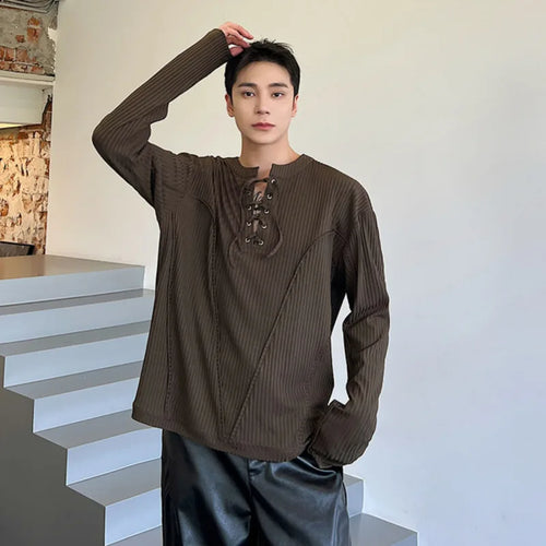 Load image into Gallery viewer, Drawstring Long Sleeve T-shirt New Fashion Men&#39;s Clothing Round Collar Solid Color Patchwork Top Autumn Trend 9C1350
