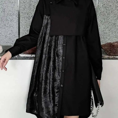 Load image into Gallery viewer, Women Black Velvet Big Size Pleated Mini Shirt Dress New Lapel Long Sleeve Fashion Tide Spring Autumn 2025 1DH5157
