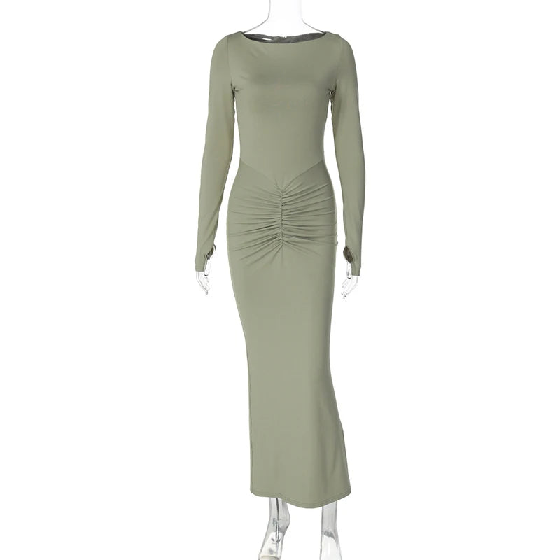 Long Sleeve Ruched Sexy Maxi Dress For Women Fashion Light Green O Neck Bodycon Elegant Club Party Long Dress Vestidos