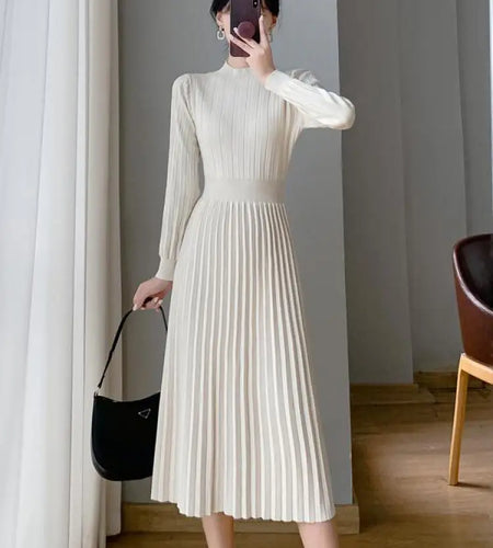Autumn Lady Fashion Black Half High Collar Knit Long Dress White Temperament Long Sleeve Elegant Ladies Pink Evening Party Dress