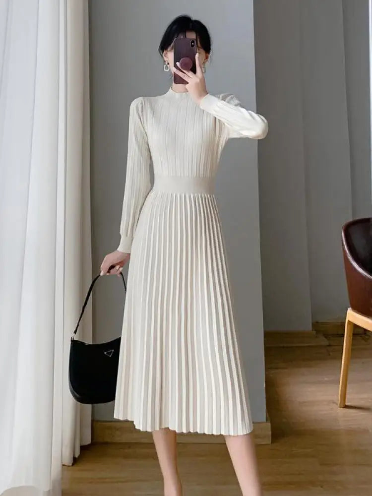 Autumn Lady Fashion Black Half High Collar Knit Long Dress White Temperament Long Sleeve Elegant Ladies Pink Evening Party Dress
