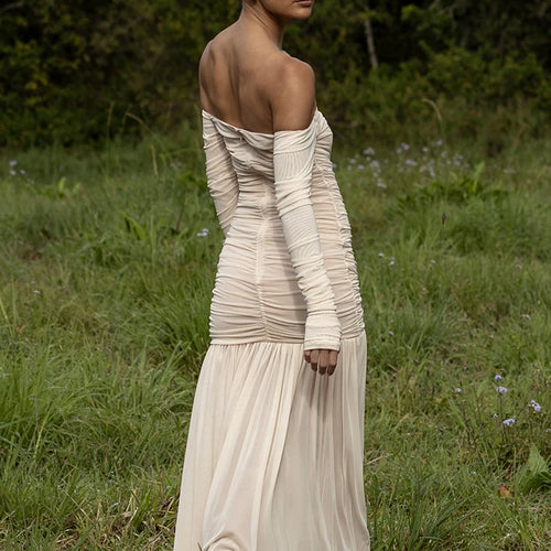 Load image into Gallery viewer, Off-shoulder Strapless Sexy Maxi Dress Women Summer New Patchwork Backless Long Sleeve Pleated Long Dress Elegant
