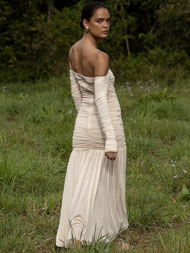 Off-shoulder Strapless Sexy Maxi Dress Women Summer New Patchwork Backless Long Sleeve Pleated Long Dress Elegant