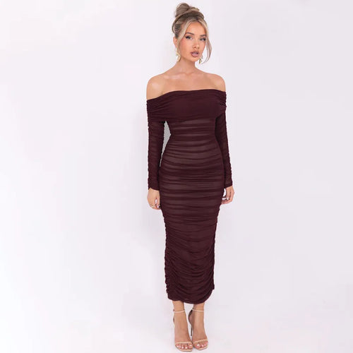 Load image into Gallery viewer, Off-shoulder Long Sleeve Sexy Maxi Dress For Women Autumn New Strapless Backless Bodycon Ruched Party Long Dress
