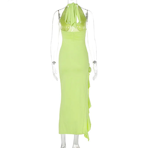 Load image into Gallery viewer, Flower Draped Split Long Dress For Women Fashion Halter Deep V Neck Sleeveless Backless Bodycon Club Party Long Dress
