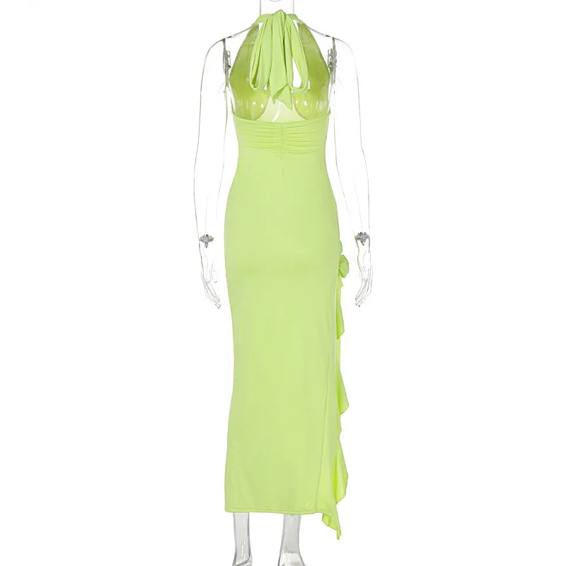 Flower Draped Split Long Dress For Women Fashion Halter Deep V Neck Sleeveless Backless Bodycon Club Party Long Dress