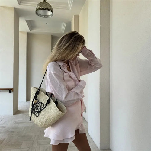 Load image into Gallery viewer, Summer Beach Two Piece Sets Women Long Sleeve Shirt And Mini Skirt Female See Through Loose 2 Piece Set Beachwear
