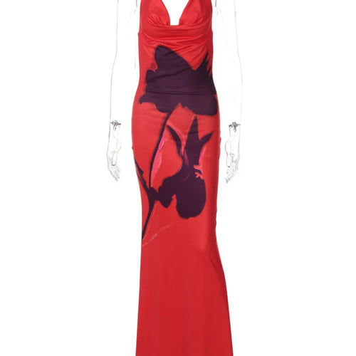 Load image into Gallery viewer, Halter Deep V Neck Printed Maxi Dress For Women Gown Red Off-shoulder Sleeveless Backless Fashion Bodycon Long Dress

