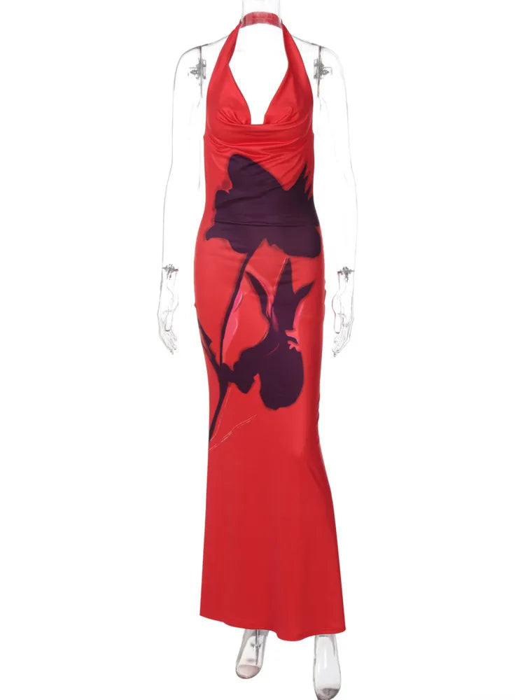 Halter Deep V Neck Printed Maxi Dress For Women Gown Red Off-shoulder Sleeveless Backless Fashion Bodycon Long Dress