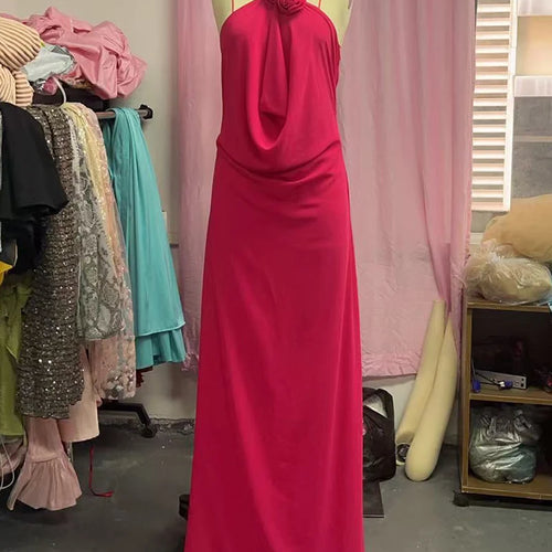 Load image into Gallery viewer, Rose Halter Off-shoulder Sexy Maxi Dress Women Rose Red Sleeveless Backless Lace-up High Waist Club Party Long Dress
