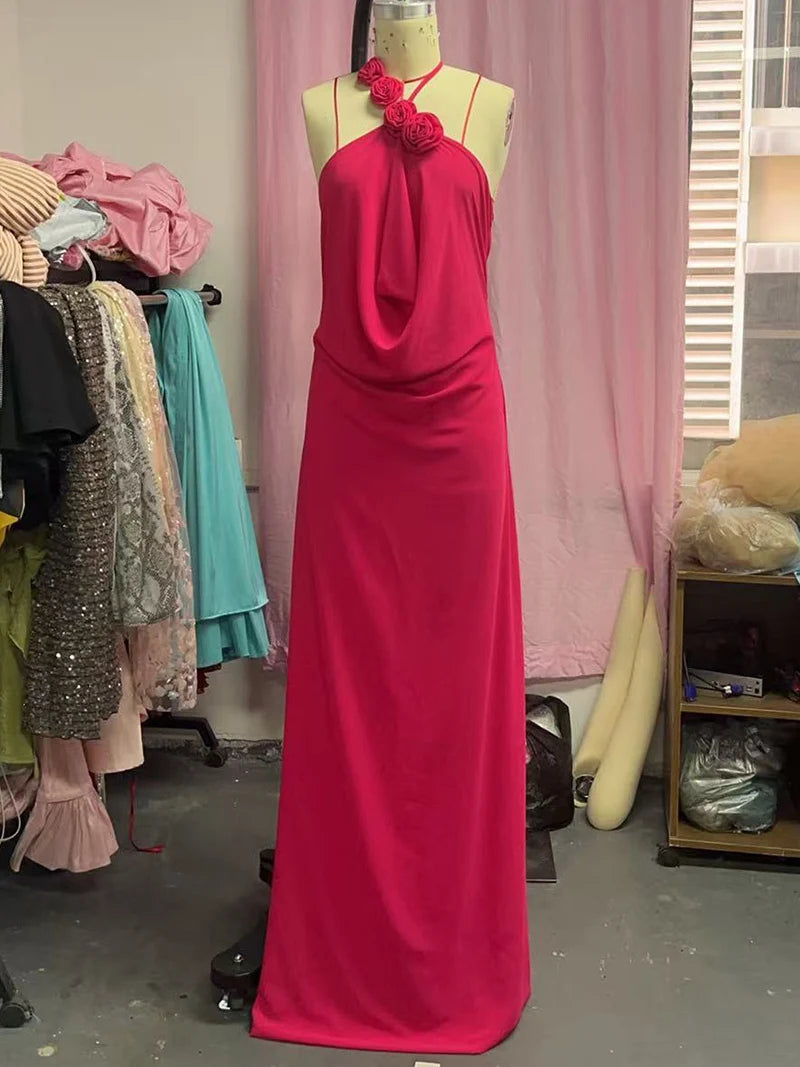 Rose Halter Off-shoulder Sexy Maxi Dress Women Rose Red Sleeveless Backless Lace-up High Waist Club Party Long Dress