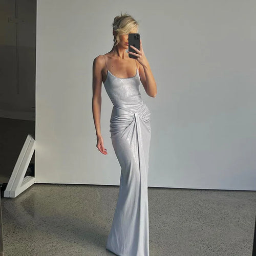 Load image into Gallery viewer, Sliver Spaghetti Strap Sexy Maxi Dress For Women Fashion Sparkle Sleeveless Backless Ruched Beach Club Sexy Long Dress
