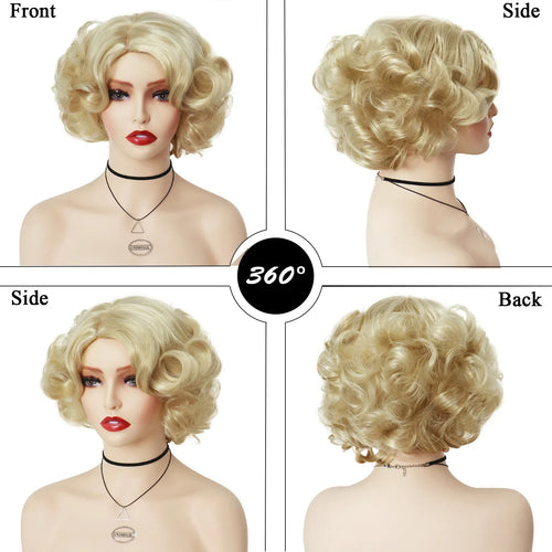 Load image into Gallery viewer, Synthetic Cosplay Wig Short Curly Hair Platinum Blonde Wigs for White Women Fluffy Curls Flip 60s Gatsby Hairstyle Wigs
