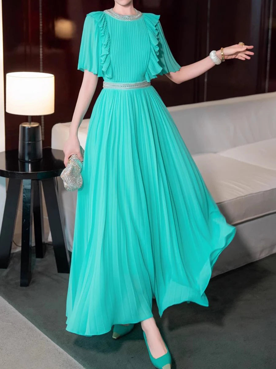 Hit Color Spliced Ruffles Slimming Dresses For Women O Neck Short Sleeve High Waist Temperament Dress Female New