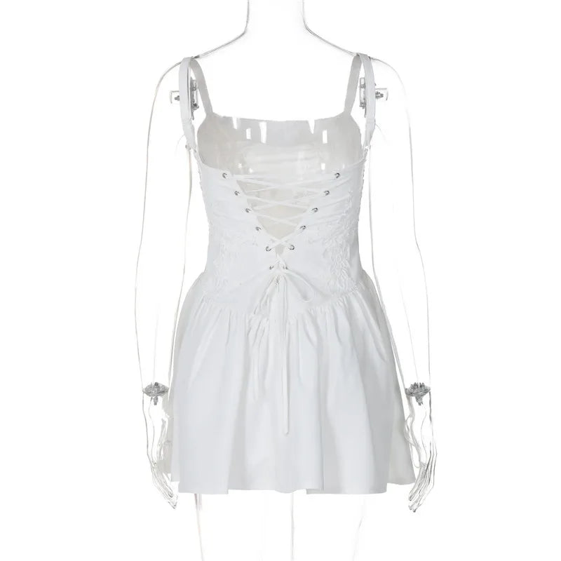 Backless Lace-up A-line Sexy Mini Dress For Women Fashion Spaghetti Strap Sleeveless Loose Club Party Dress Elegant