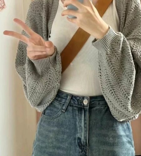 Sun Protection Y2k Aesthetic Solid Women Cardigan Hollow Out Loose Streetwear Knitted Harajuku Casual Vintage Grunge Crop Tops