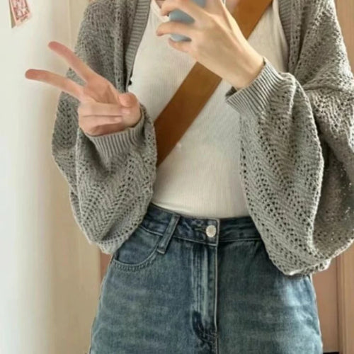 Load image into Gallery viewer, Sun Protection Y2k Aesthetic Solid Women Cardigan Hollow Out Loose Streetwear Knitted Harajuku Casual Vintage Grunge Crop Tops
