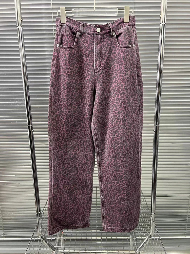 Colorblock leopard Spliced Button Denim Pant For Women High Waist Patchwork Pocket Full Length Jeans Female Style
