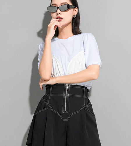 Women White Pleated Spliced Big Size Casual T-shirt New Round Neck Short Sleeve Fashion Tide Spring Summer 2025 1DJ1055